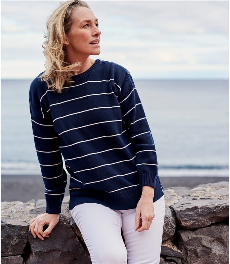 Navy Elfenbeinweiss Pullover mit U Boot Ausschnitt aus Baumwolle für