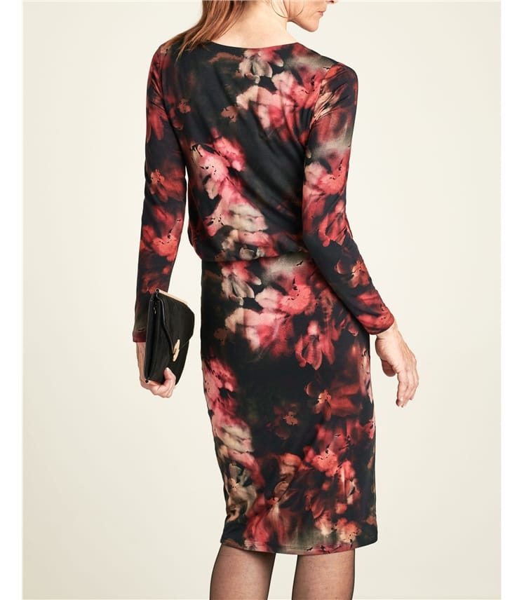 Dark Rose Print Jersey V Neck Blouson Dress WoolOvers US