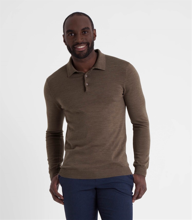 Taupe Mens New Merino Long Sleeve Polo Shirt WoolOvers AU