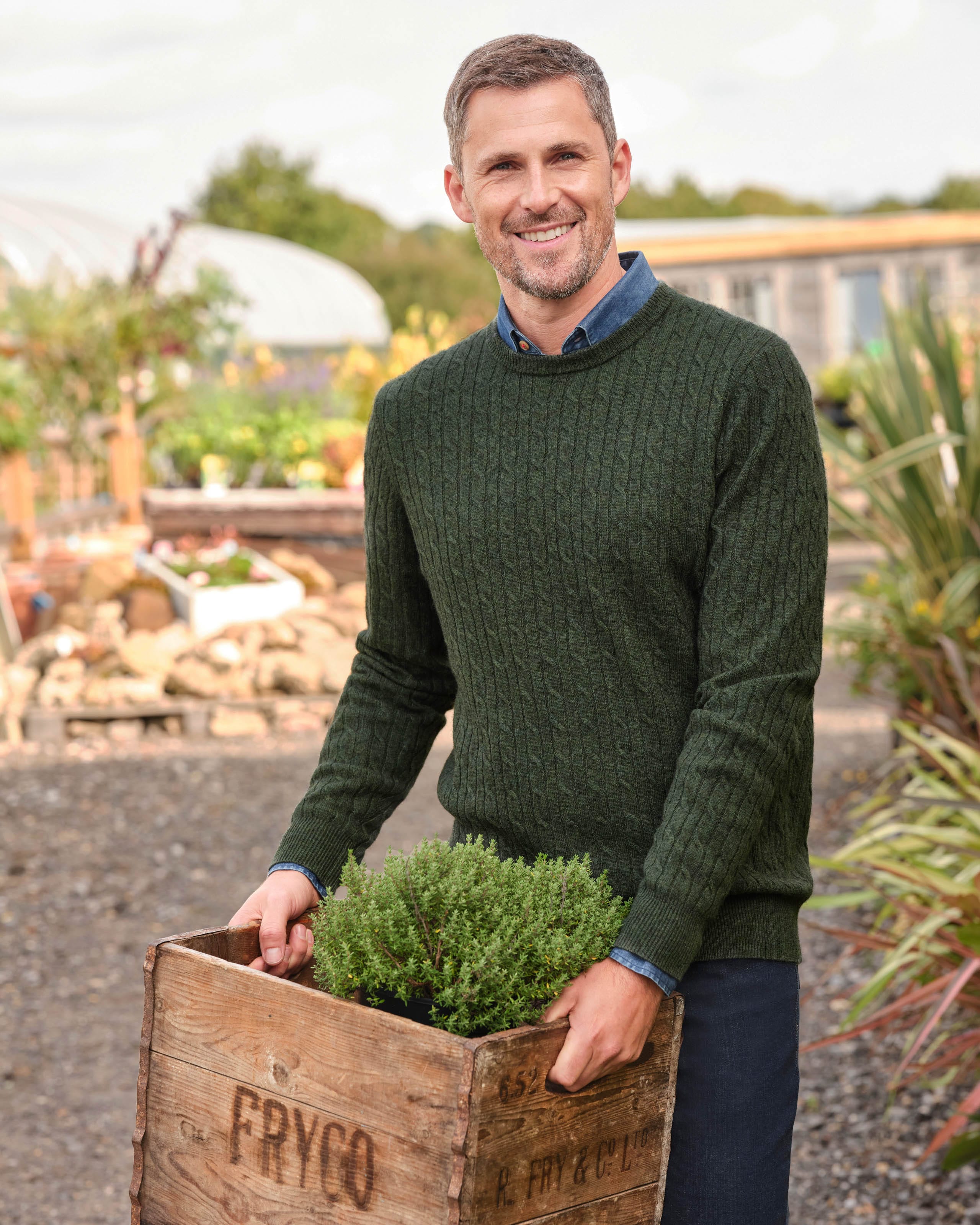 Tweed Green Cashmere Merino Cable Jumper Woolovers Uk