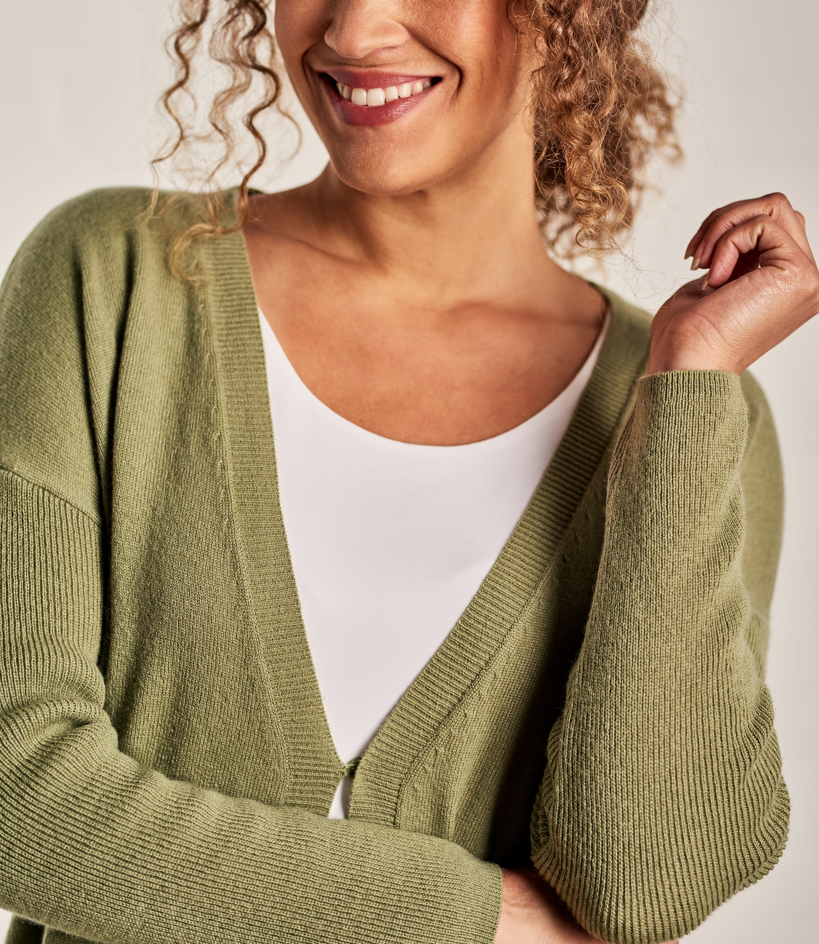 Soft Olive Womens Cashmere Merino V Neck Ribbed Sleeve Cardigan