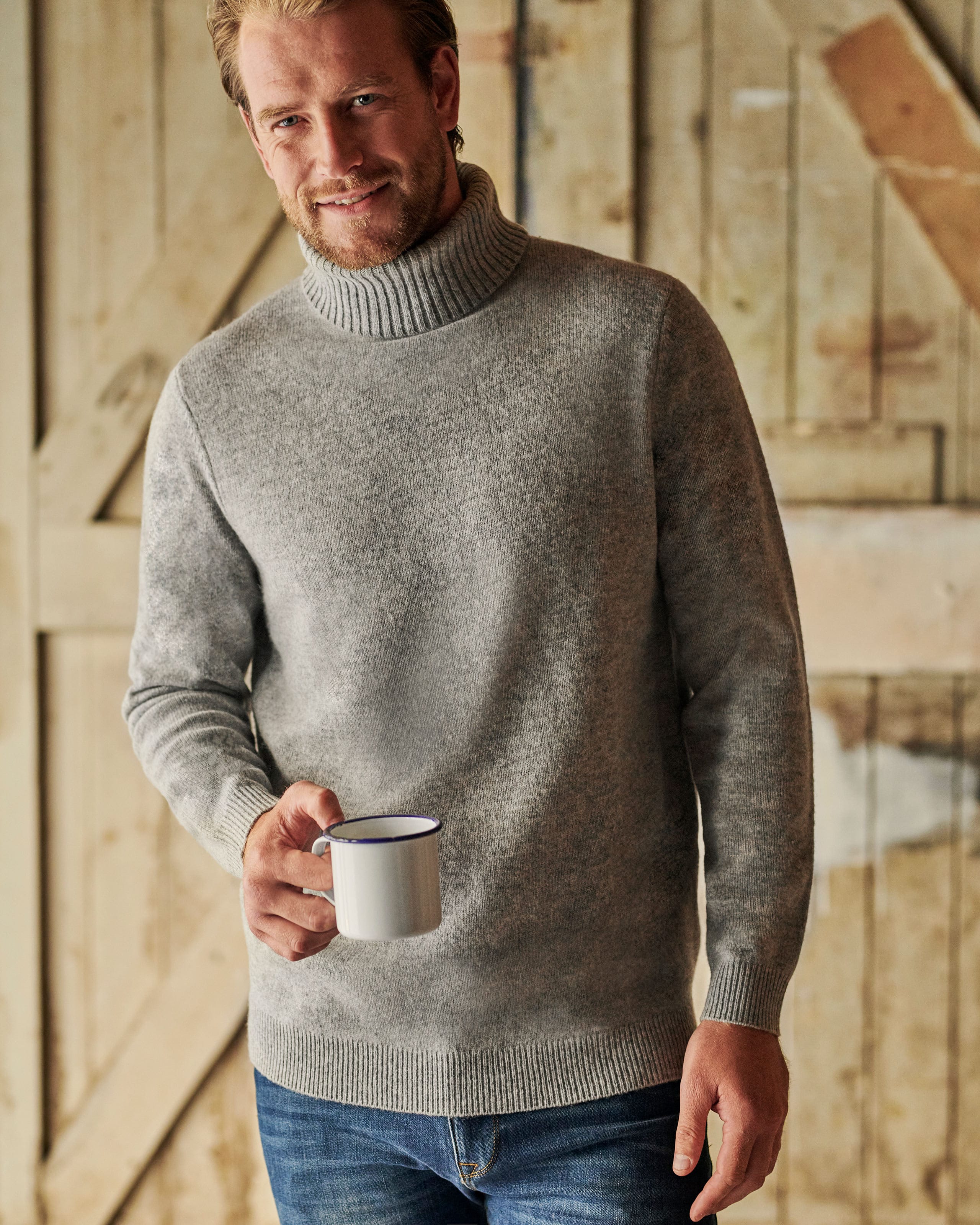 Grey Marl Mens Lambswool Turtle Neck Sweater Woolovers Us