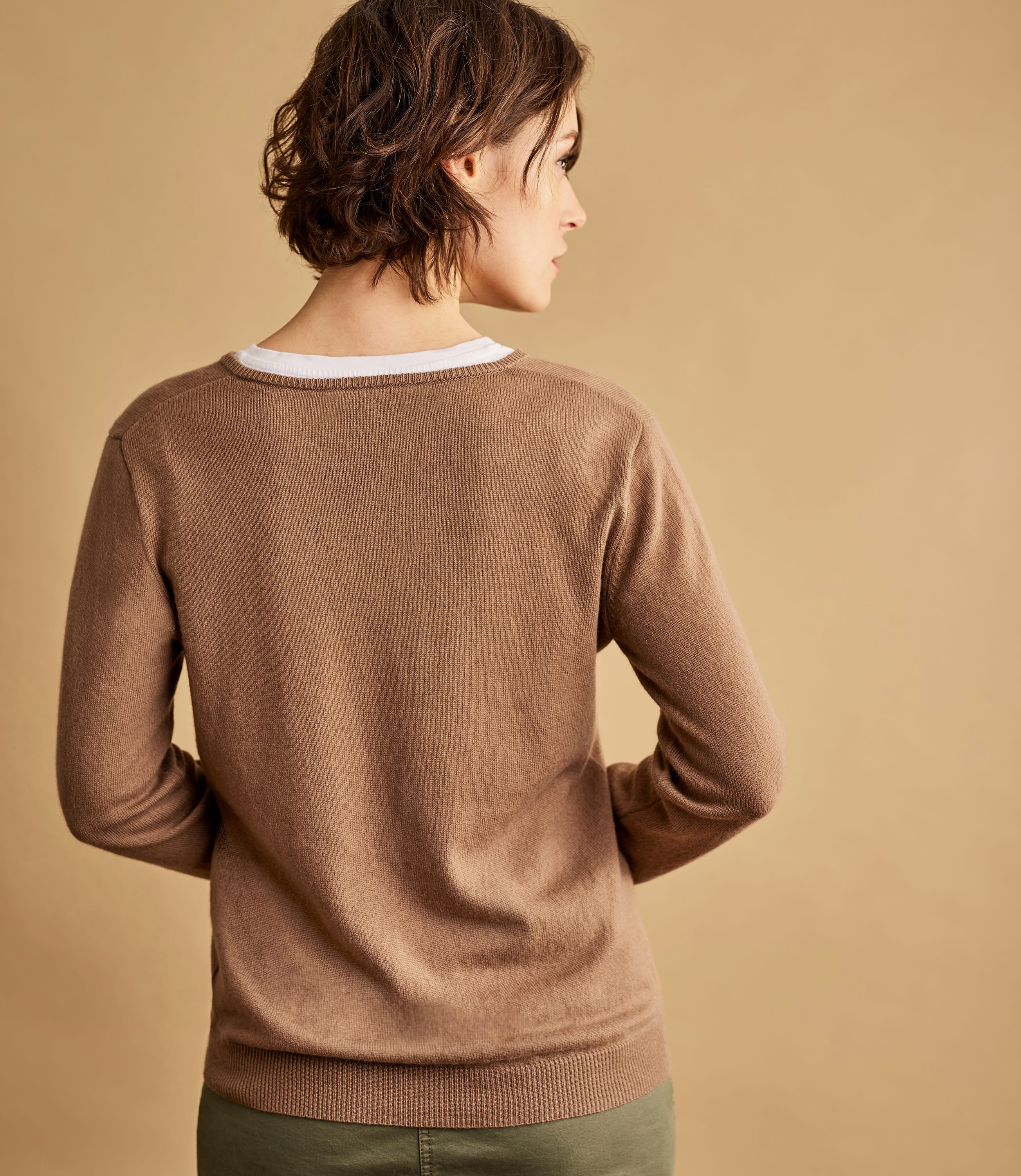 Dark Camel Cashmere Merino V Neck Knitted Sweater WoolOvers UK