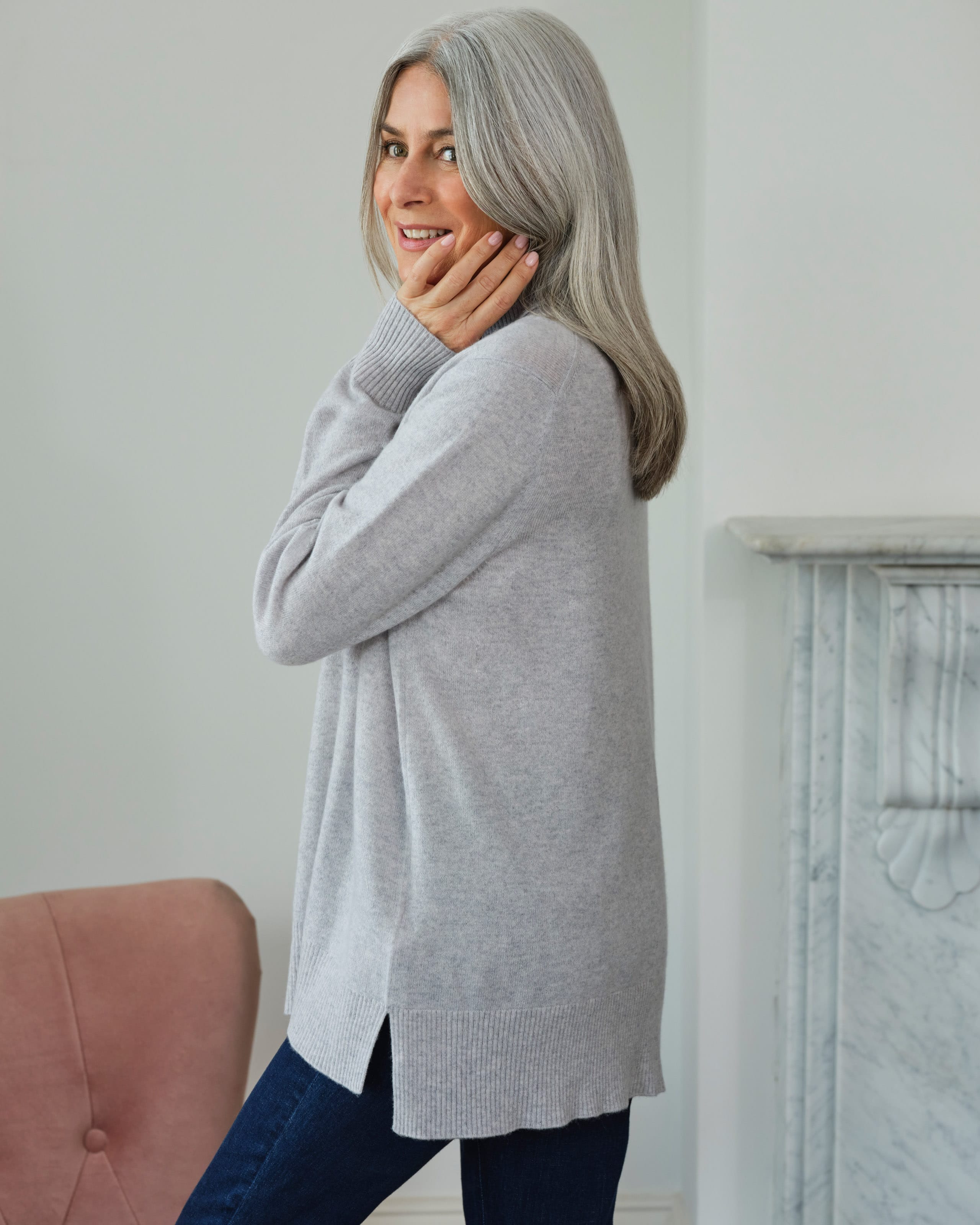 Glass Grey Luxurious Cashmere Boxy Polo Neck Jumper Woolovers Uk