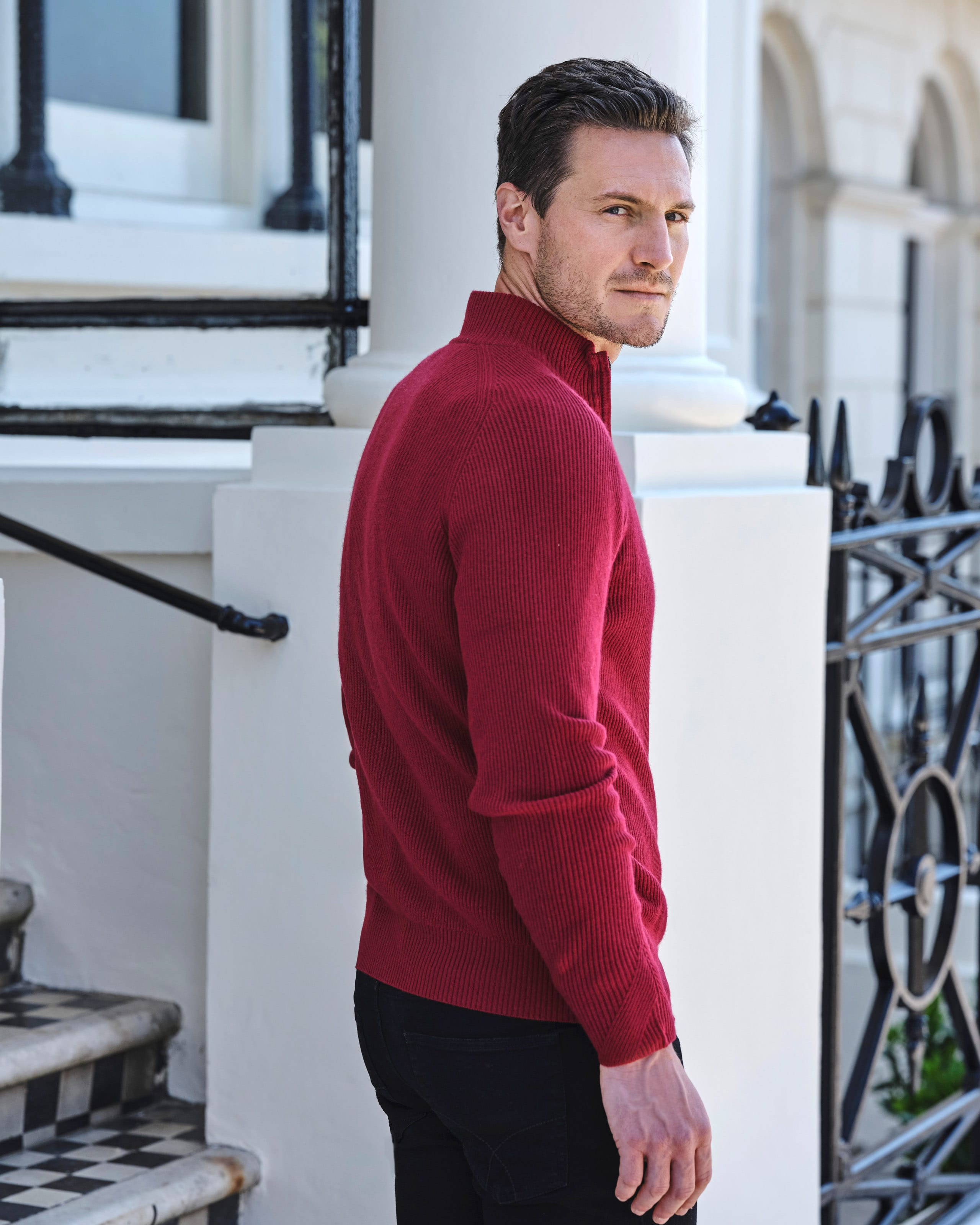 Berry Red Wool Cashmere Rib Half Zip Sweater WoolOvers UK