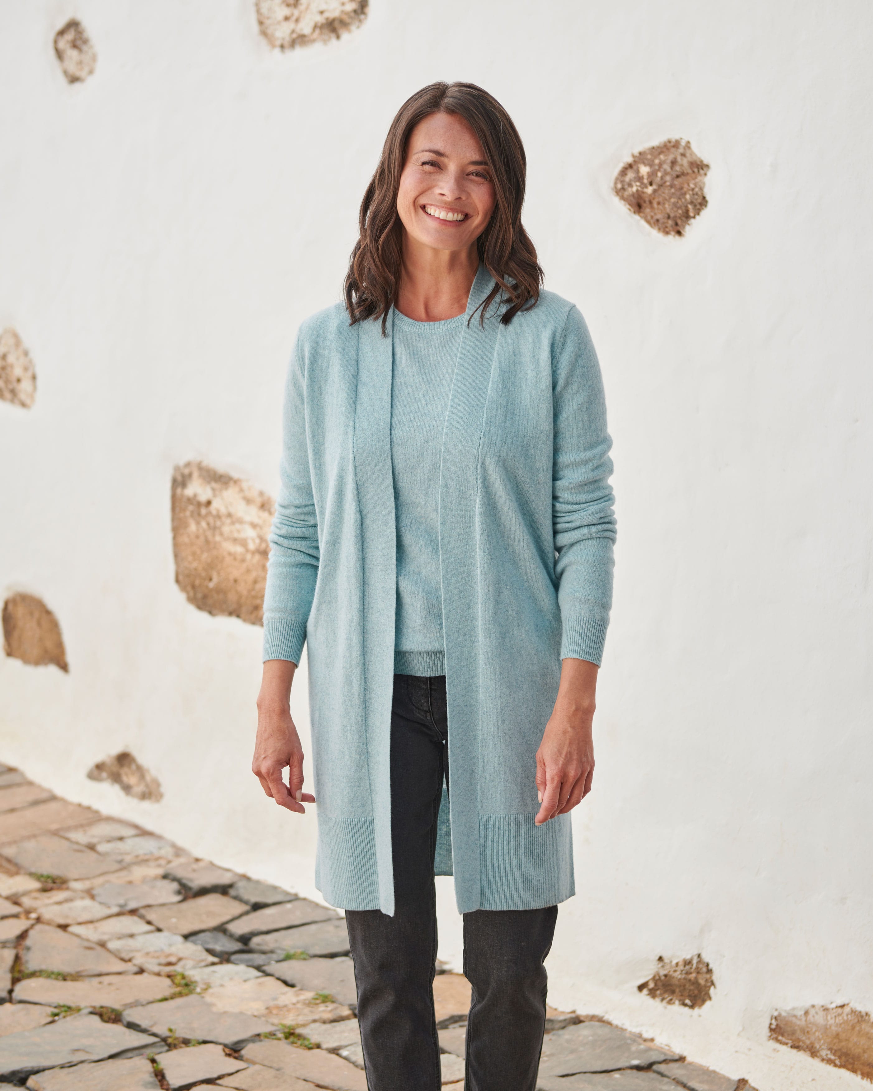 Ice Blue Marl Cashmere Merino Edge To Edge Long Cardigan Woolovers Uk