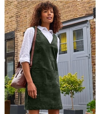 Stretch Cord V Neck Pinafore Dress