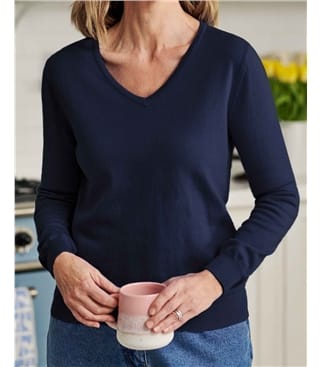 Navy | Cashmere & Cotton V Neck Sweater | WoolOvers US