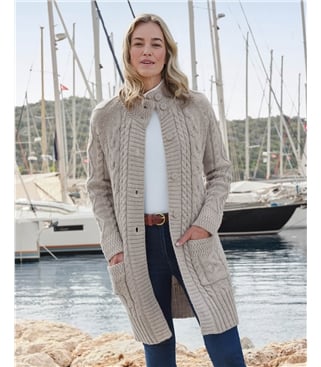 Langstrickjacke mit Aran-Zopfmuster aus reiner Wolle für Damen