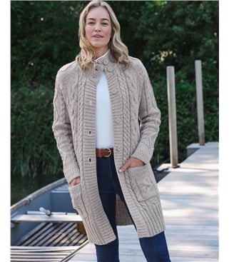 Langstrickjacke mit Aran-Zopfmuster aus reiner Wolle für Damen