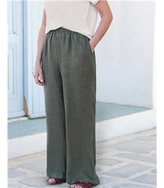 Khaki Green | Linen Wide Leg Trouser | WoolOvers UK