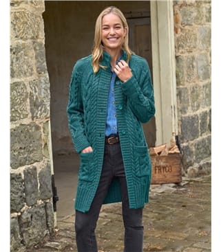 Langstrickjacke mit Aran-Zopfmuster aus reiner Wolle für Damen