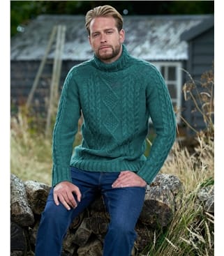 Dark Moss | Pure Wool Knitted Aran Polo Neck Jumper | WoolOvers UK