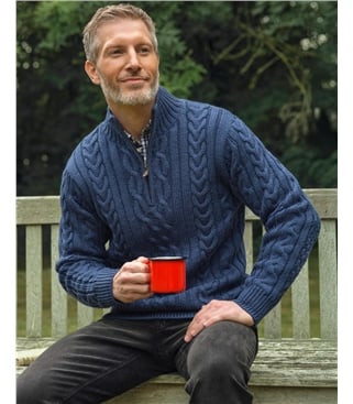 Pure Wool Knitted Aran Cable Zip Neck Jumper