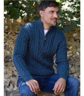 Pure Wool Knitted Aran Cable Zip Neck Jumper