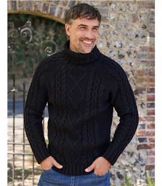 Pure Wool Knitted Aran Polo Neck Jumper