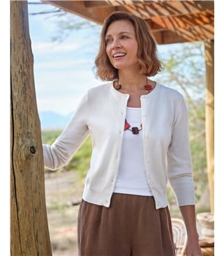 Kurz geschnittene Strickjacke mit 3/4-langen Ärmeln aus Seide und Baumwolle für Damen