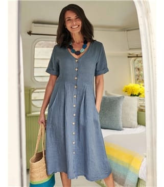 Denim Blue | Button Through Linen Dress | WoolOvers AU