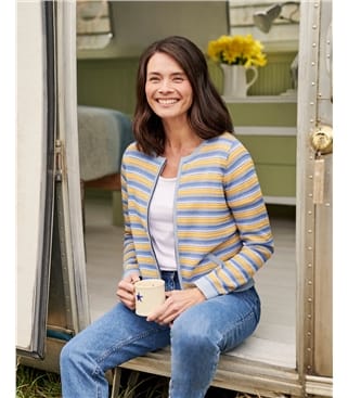 Blue/Yellow Check | Organic Cotton Lightweight Textured Stripe Zip Up  Cardigan | WoolOvers US