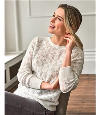 Soft White/ Grey | Cashmere Pointelle Scalloped Lacy Sweater | WoolOvers US