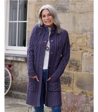 Langstrickjacke mit Aran-Zopfmuster aus reiner Wolle für Damen