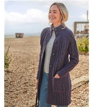 Langstrickjacke mit Aran-Zopfmuster aus reiner Wolle für Damen