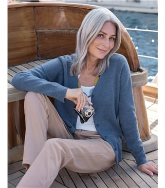 Strickjacke mit V-Ausschnitt aus Merino- und Kaschmirwolle für Damen