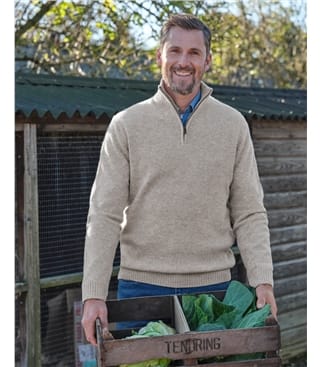 Oatmeal | Mens Lambswool Zip Neck Sweater | WoolOvers US