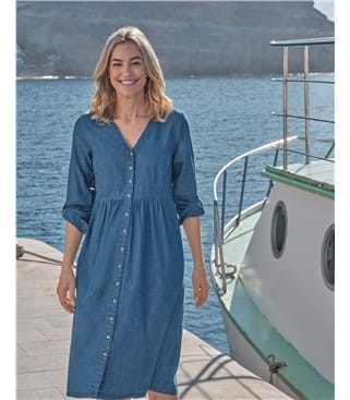 Button Through 3/4 Sleeve Denim Dress