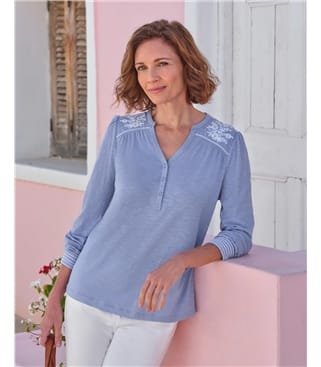 Embroidered Yoke Button Top