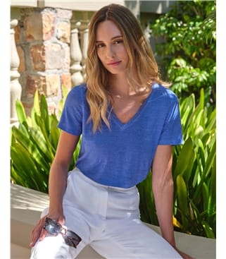 Amoretu Women's V Neck Short Sleeve T-Shirt - Ink Blue Rayon Spandex Summer Top, Size M