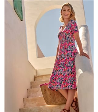 Gathered Sleeve Covered Buttons Tea Dress
