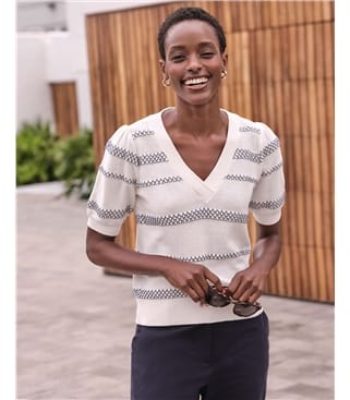 Cotton Short Sleeve Puff Stripe Sweater