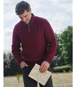 Pure Wool Knitted Aran Cable Zip Neck Jumper
