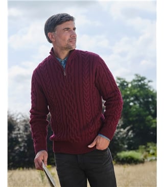 Pure Wool Knitted Aran Cable Zip Neck Jumper