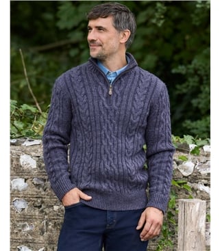 Pull irlandais en maille torsadée à col zippé - Homme - Pure Laine