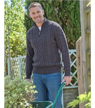 Pure Wool Knitted Aran Cable Zip Neck Jumper