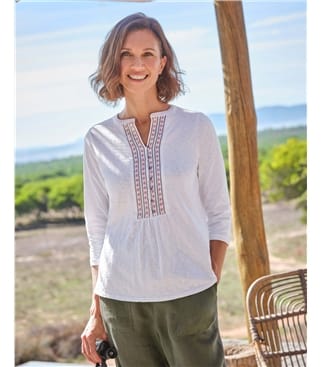 Notch Neck Popover Embroidered Top