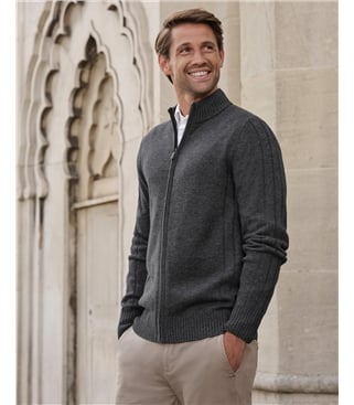 Wool Cashmere Ribbed Zip Through Cardigan