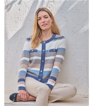 Cotton Striped Textured Crew Cardigan