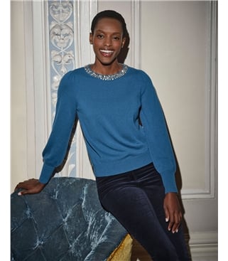 Teal | Cashmere Blend Crystal Neck Sweater | WoolOvers UK Teal | Cashmere Blend Crystal Neck Sweater | WoolOvers UK