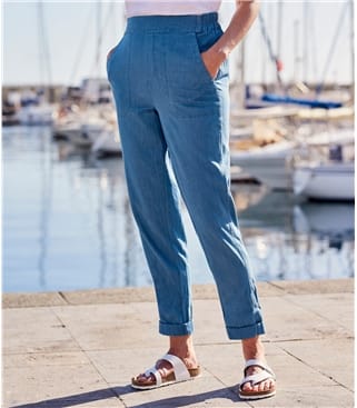 Womens Cotton Tapered Leg Trousers 18 Chambray Womens Cotton Tapered Leg Trousers 18 Chambray
