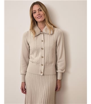 Wool Cashmere Fur Trim Cable Cardigan