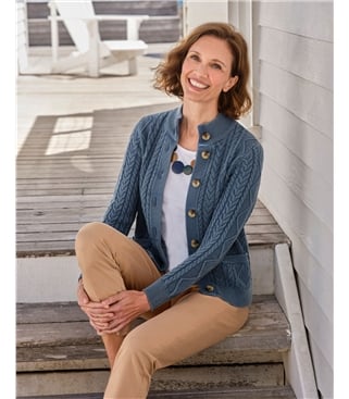 Cable Cotton Button Neck Cardigan