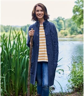 Langstrickjacke mit Aran-Zopfmuster aus reiner Wolle für Damen