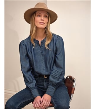 Tencel Collarless Pleated Blouse