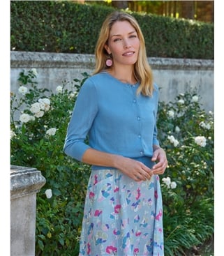 Kurz geschnittene Strickjacke mit 3/4-langen Ärmeln aus Seide und Baumwolle für Damen