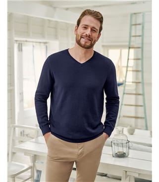 Navy | Combed Cotton V Neck Sweater | WoolOvers US