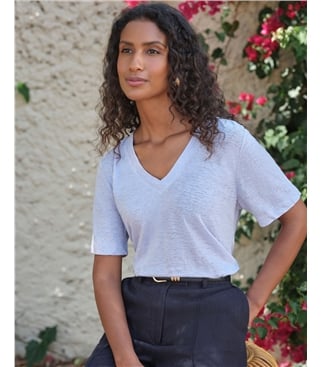 Linen Short Sleeve V Neck T-Shirt