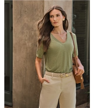Linen Short Sleeve V Neck T-Shirt